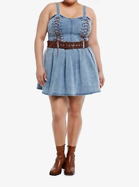 Sweet Society® Brown Lace-Up Belted Denim Dress Plus Size