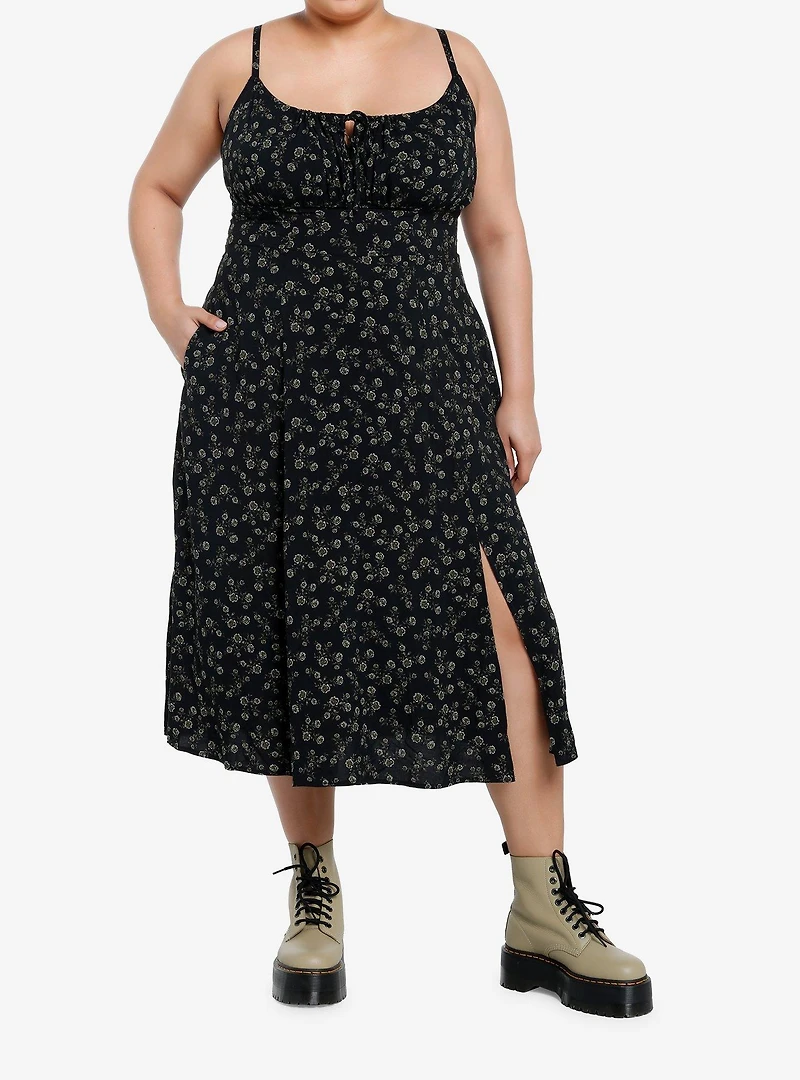 Thorn & Fable Black & Green Floral Midi Dress Plus Size