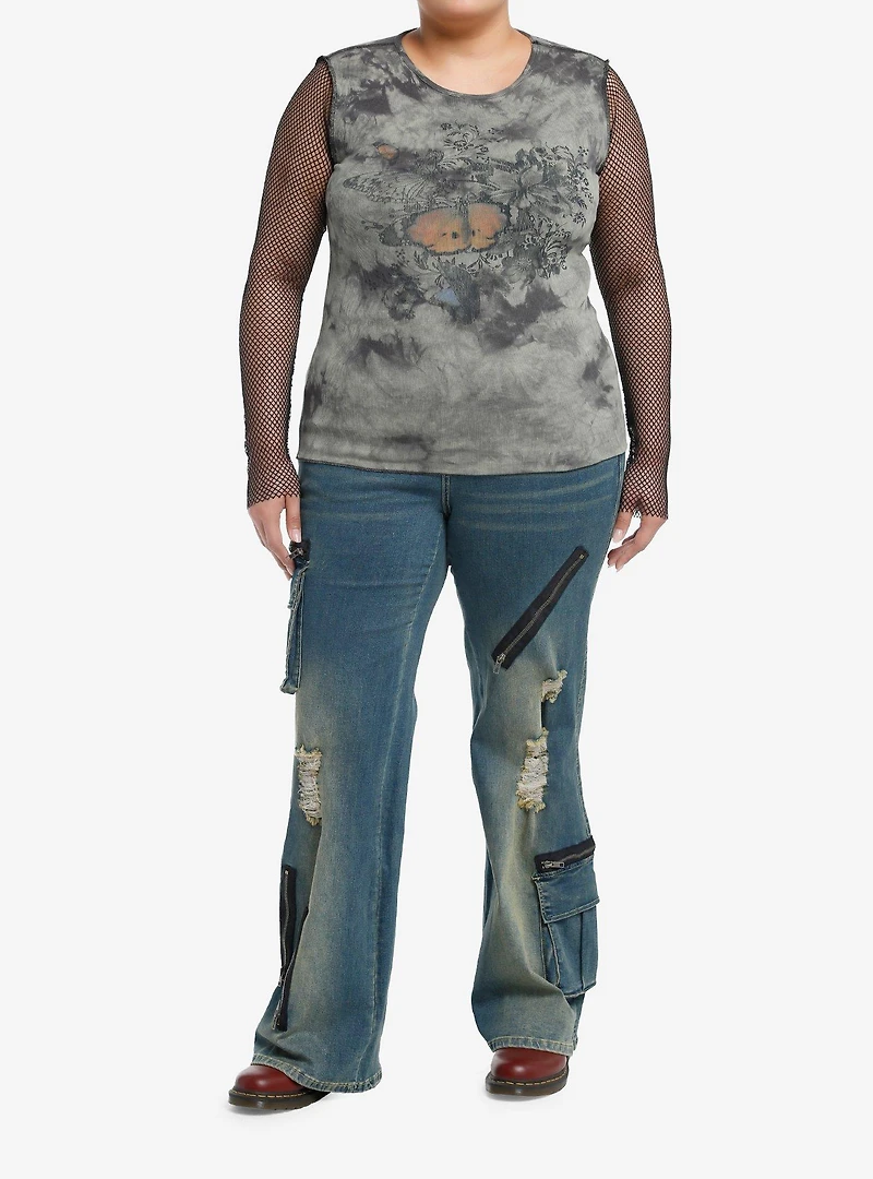 Thorn & Fable Grunge Butterfly Mesh Girls Long-Sleeve Top Plus Size