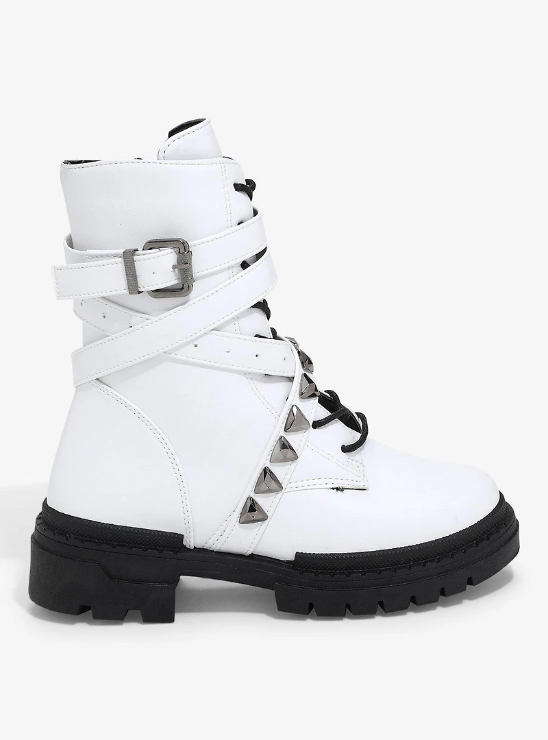 Yoki White Studded Buckle Combat Boots