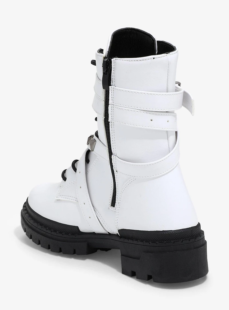 Yoki White Studded Buckle Combat Boots