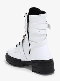 Yoki White Studded Buckle Combat Boots