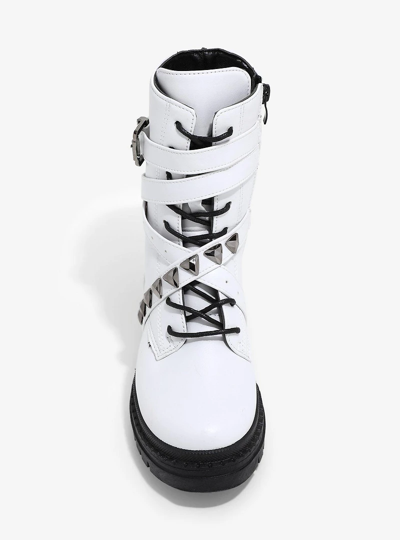 Yoki White Studded Buckle Combat Boots
