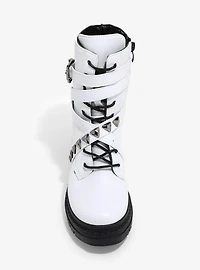 Yoki White Studded Buckle Combat Boots