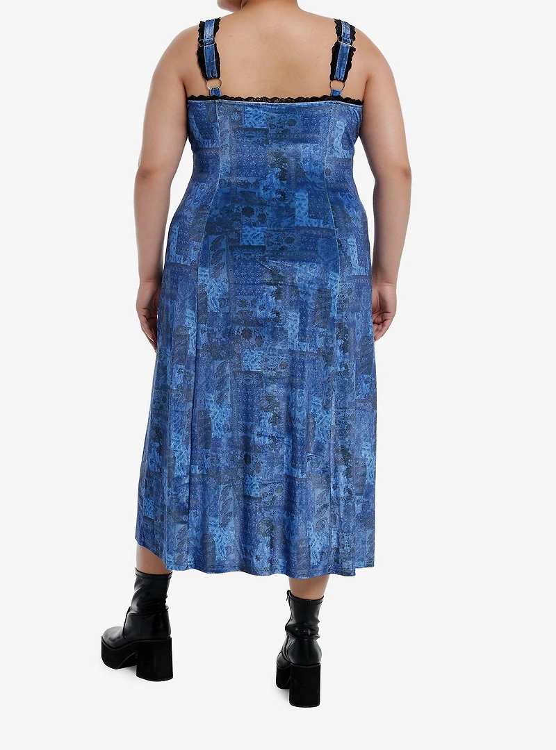 Cosmic Aura Blue Paisley Patchwork Midi Dress Plus Size
