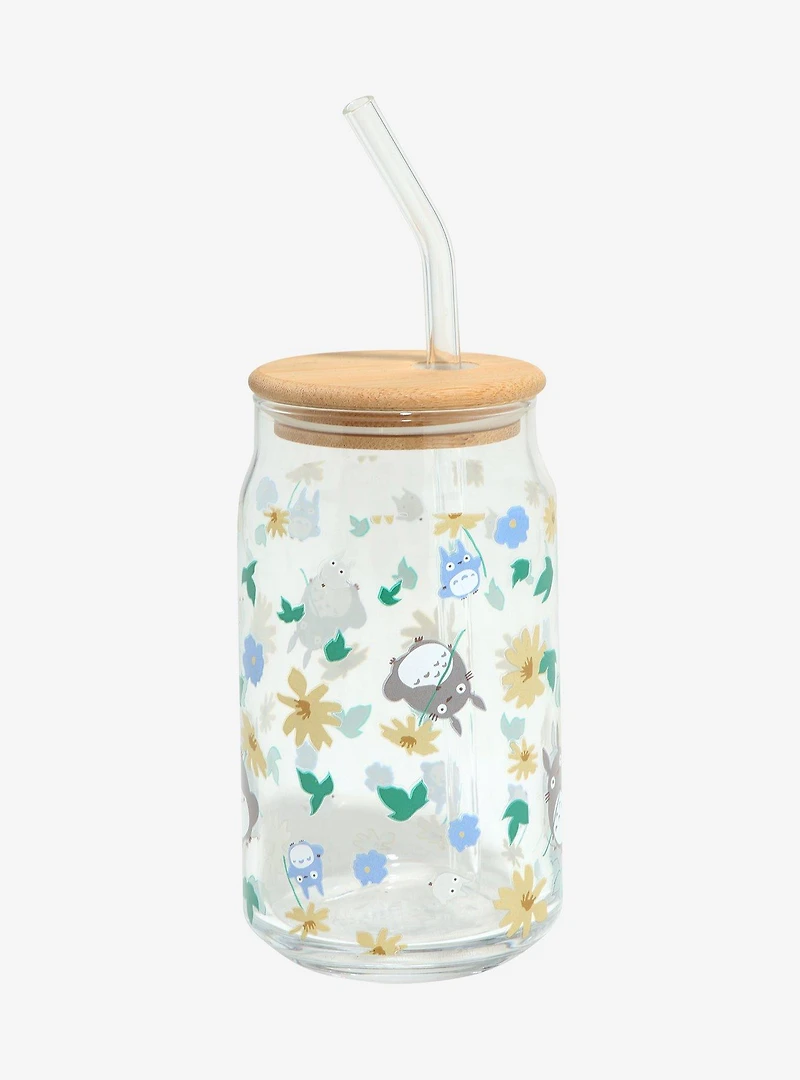 Studio Ghibli My Neighbor Totoro Floral Tototro Allover Print Glass Cup with Straw - BoxLunch Exclusive