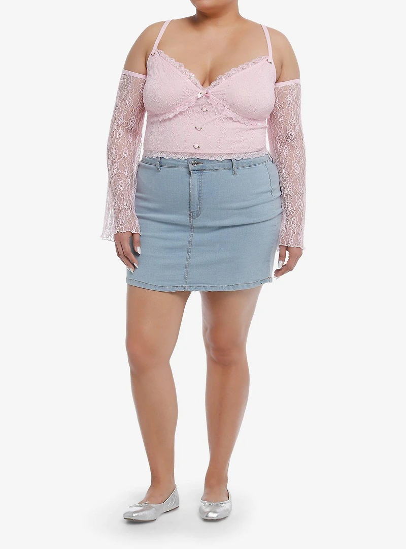 Sweet Society Pink Ruched Lace Girls Cold Shoulder Long-Sleeve Top Plus