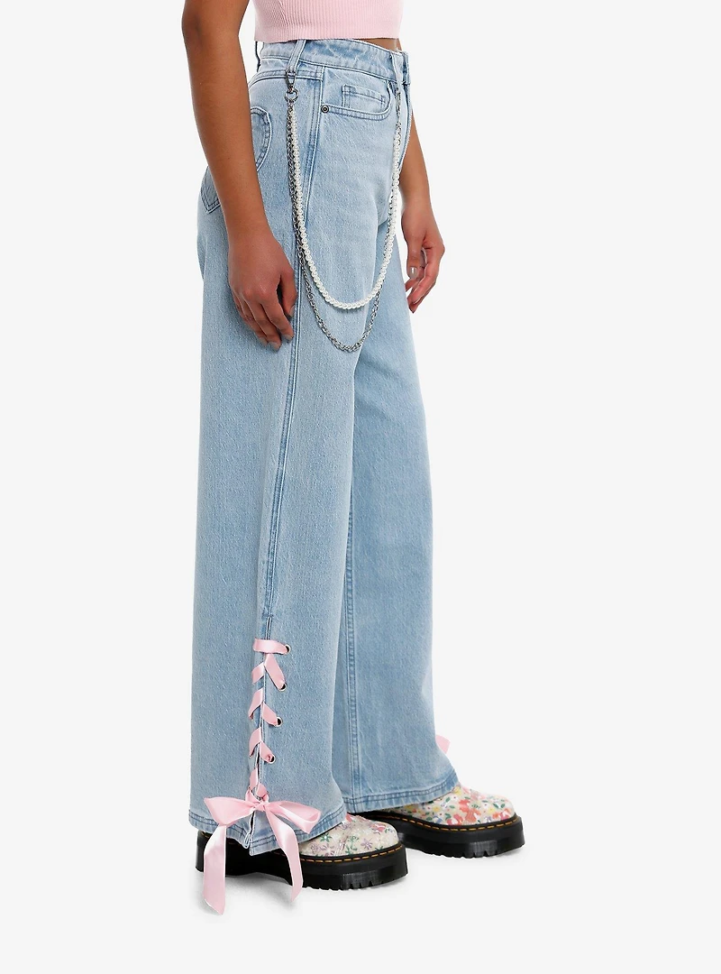 Sweet Society Pink Ribbon Heart Wide Leg Jeans