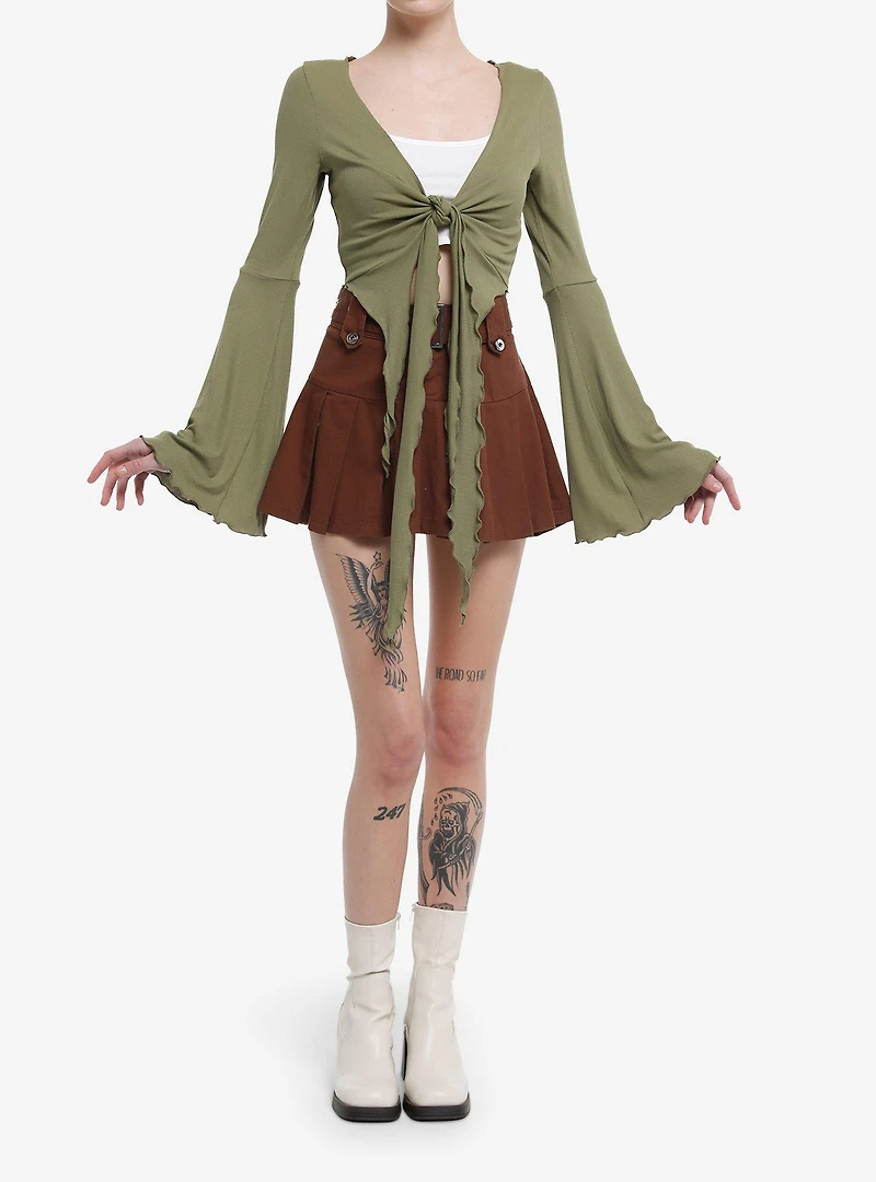 Thorn & Fable Green Tie-Front Girls Bell Sleeve Crop Top