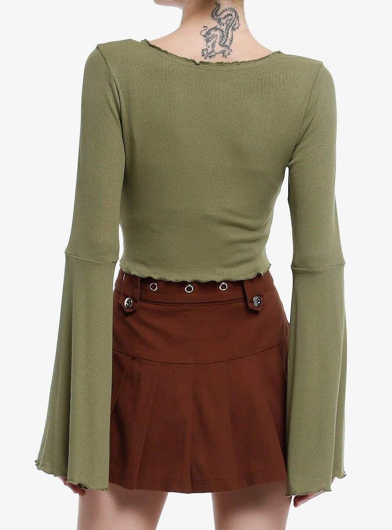 Thorn & Fable Green Tie-Front Girls Bell Sleeve Crop Top
