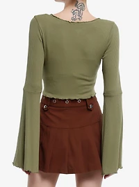 Thorn & Fable Green Tie-Front Girls Bell Sleeve Crop Top