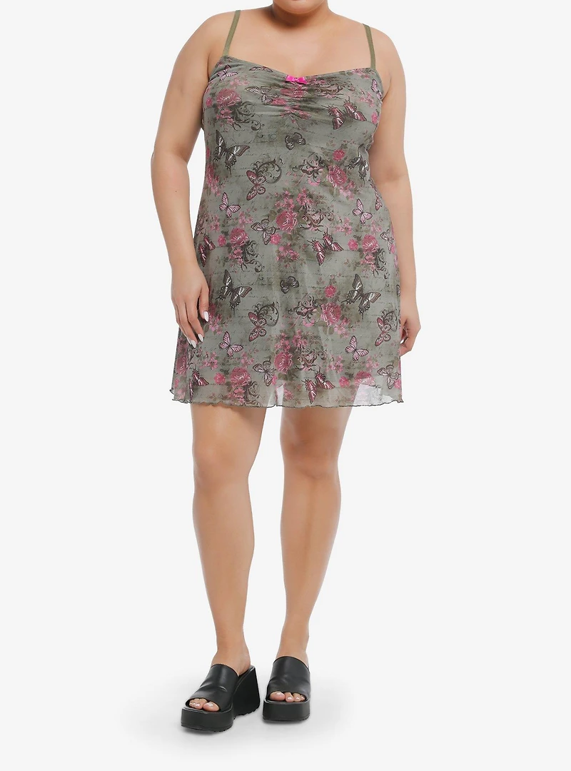 Sweet Society Pink & Green Butterfly Mesh Cami Dress Plus Size