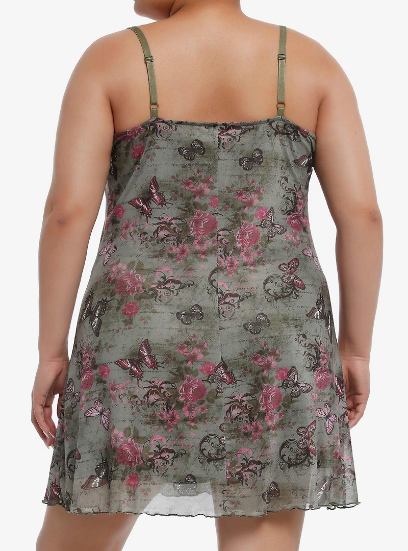 Sweet Society Pink & Green Butterfly Mesh Cami Dress Plus Size
