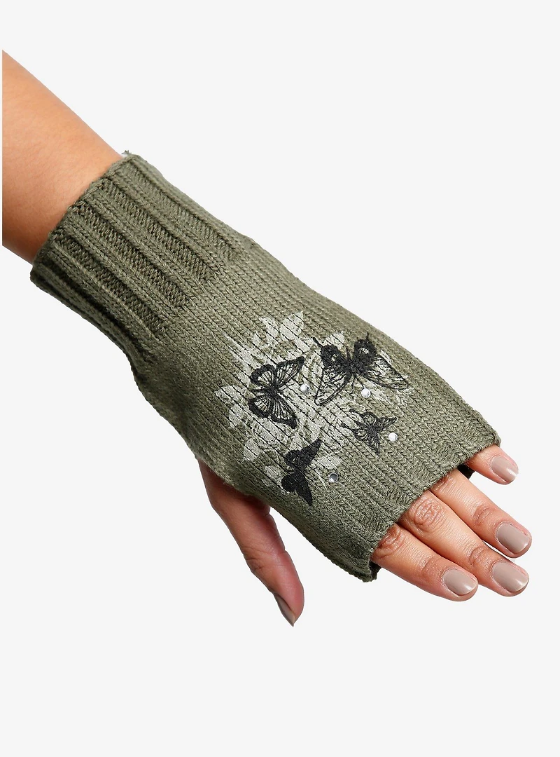 Green Butterfly Fingerless Gloves