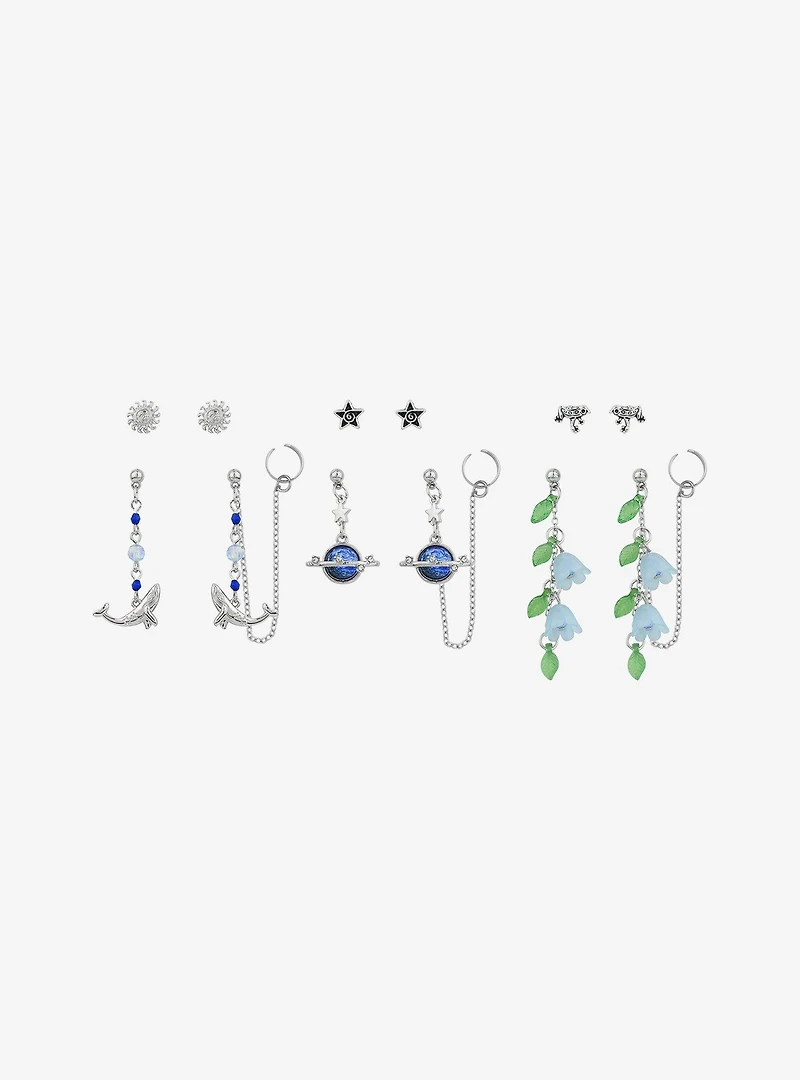 Thorn & Fable Blue Flower Planet Cuff Earring Set