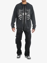 Social Collision® Triple Skull Wings Dark Wash Hoodie
