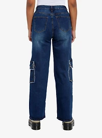 Dark Indigo Raw Edge Pocket Wide Leg Cargo Pants