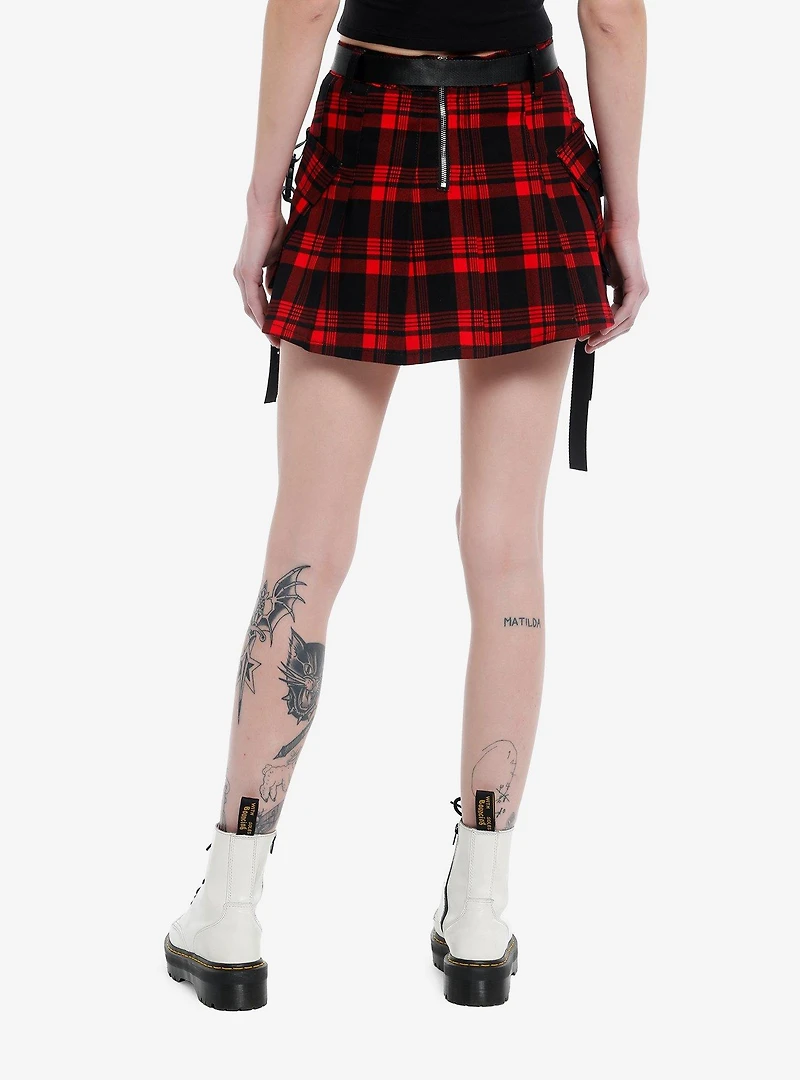 Red Plaid Buckle Pleated Skirt With Belt