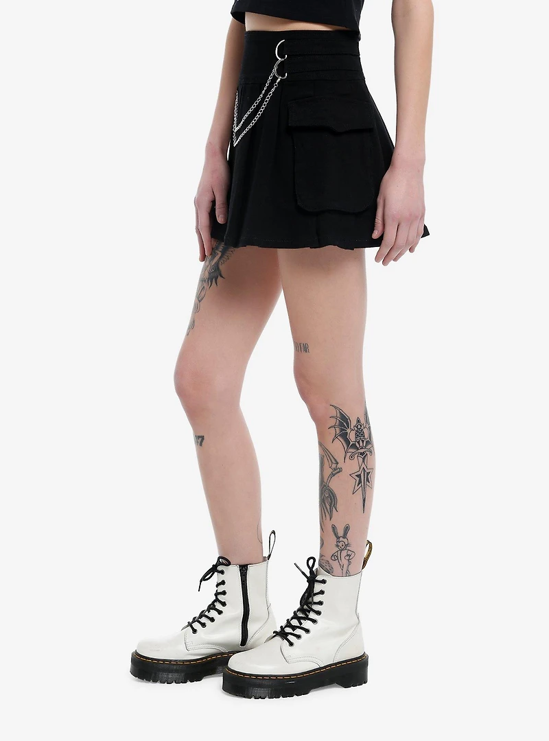 Black Double Chain Cargo Pleated Skirt