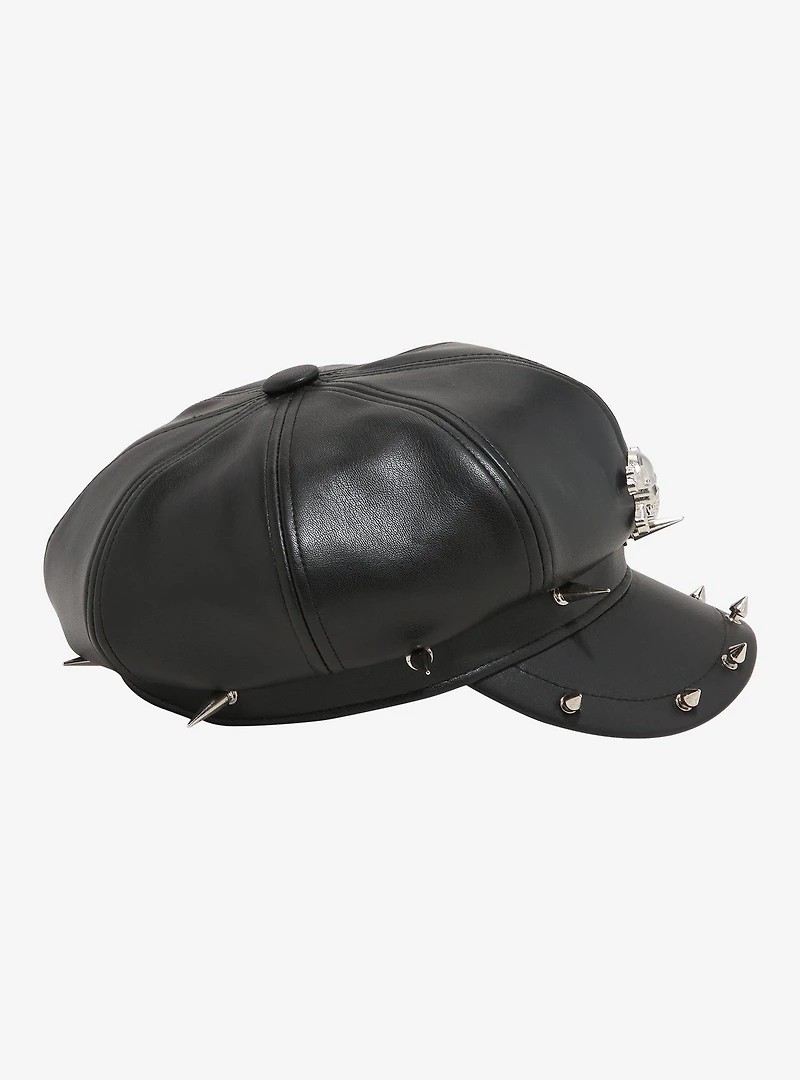 Black Faux Leather Skull Spike Cabbie Hat
