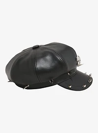 Black Faux Leather Skull Spike Cabbie Hat