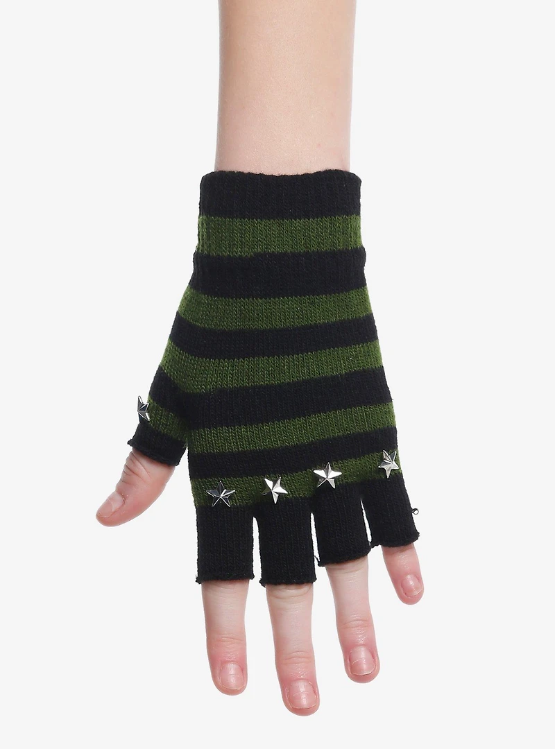 Green & Black Stripe Star Stud Fingerless Gloves