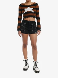 Social Collision Brown & Black Stripe Star Girls Crop Sweater