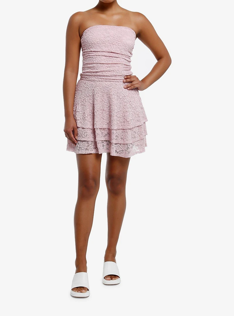 Sweet Society Pink Lace Ruffle Strapless Dress