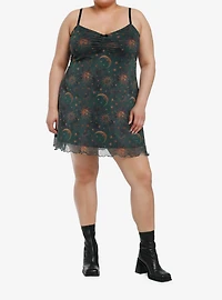 Cosmic Aura Green & Gold Celestial Print Mini Dress Plus Size
