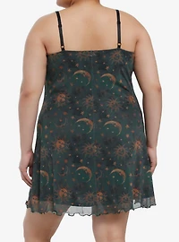 Cosmic Aura Green & Gold Celestial Print Mini Dress Plus Size