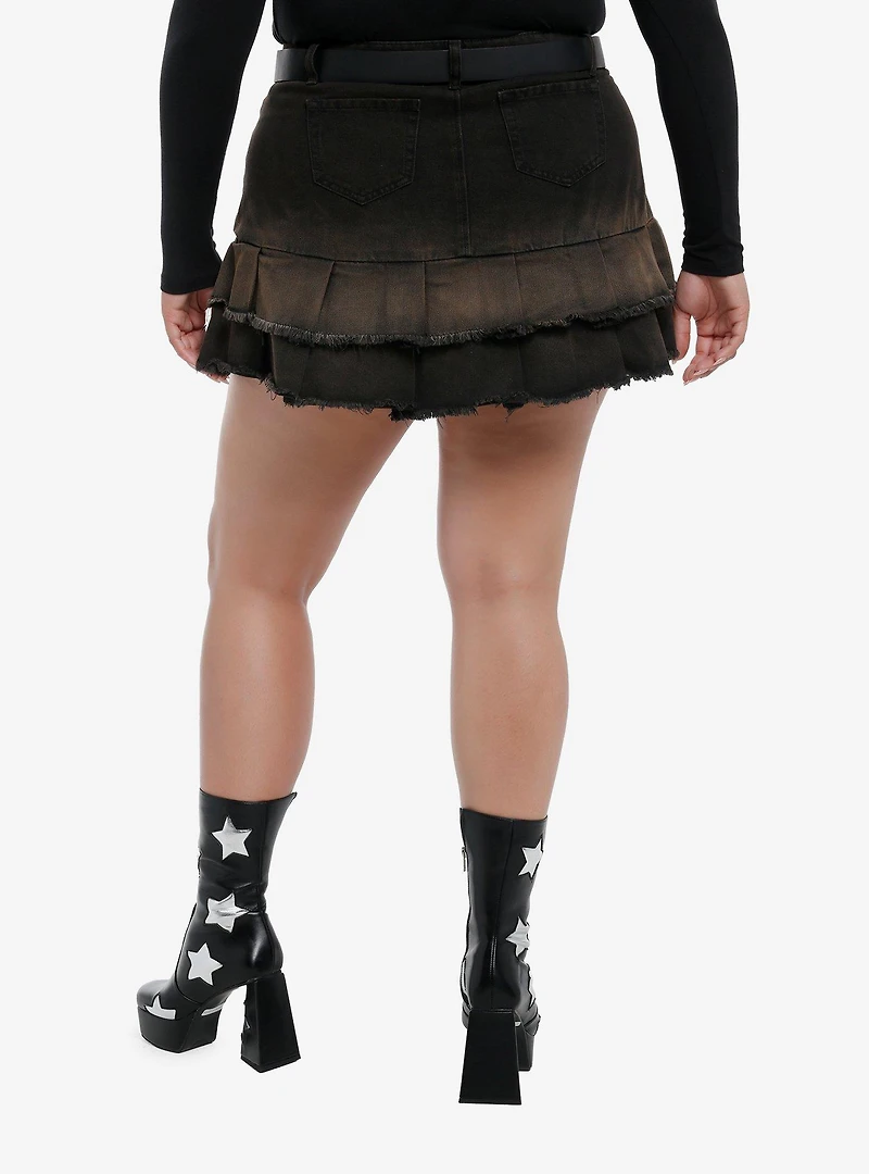 Cosmic Aura Western Belt Brown Wash Pleated Denim Skirt Plus Size