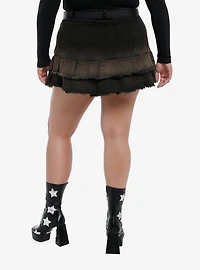 Cosmic Aura Western Belt Brown Wash Pleated Denim Skirt Plus Size