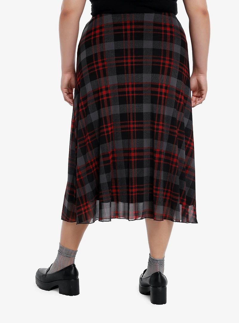 Sweet Society Grey & Red Plaid Mesh Midi Skirt Plus Skirt