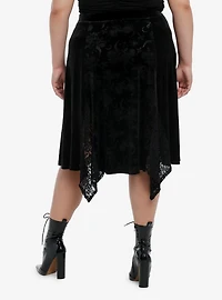 Cosmic Aura Black Velvet Lace Godet Midi Skirt Plus Side