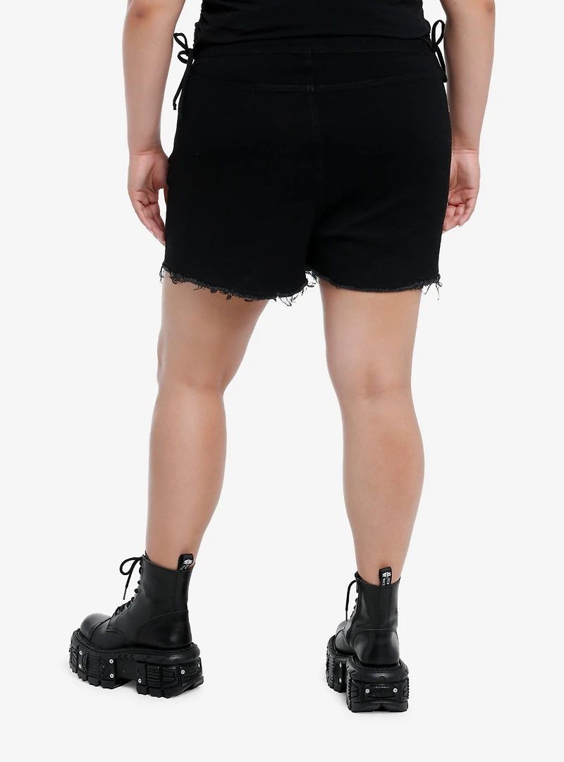 Black Zipper Frayed Denim Skort Plus Size