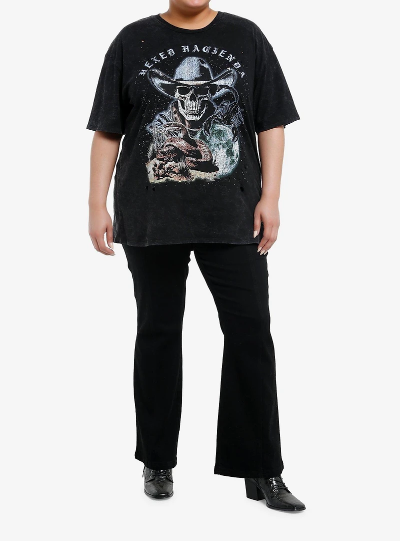 Cosmic Aura Skull Cowboy Destructed Mineral Wash Girls Oversized T-Shirt Plus Size