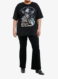Cosmic Aura Skull Cowboy Destructed Mineral Wash Girls Oversized T-Shirt Plus Size