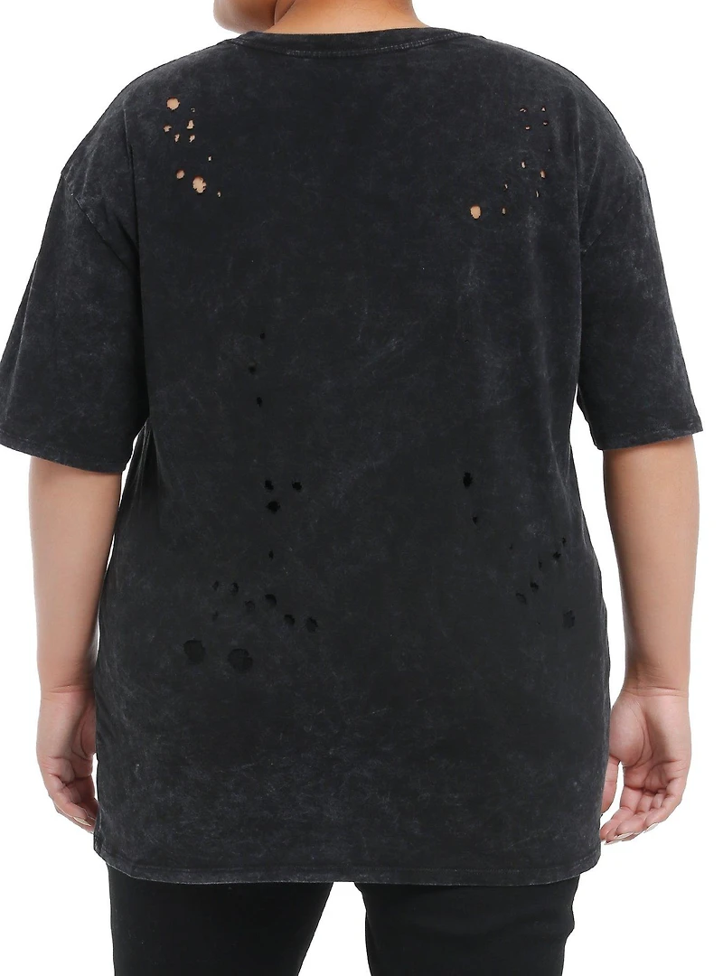 Cosmic Aura Skull Cowboy Destructed Mineral Wash Girls Oversized T-Shirt Plus Size