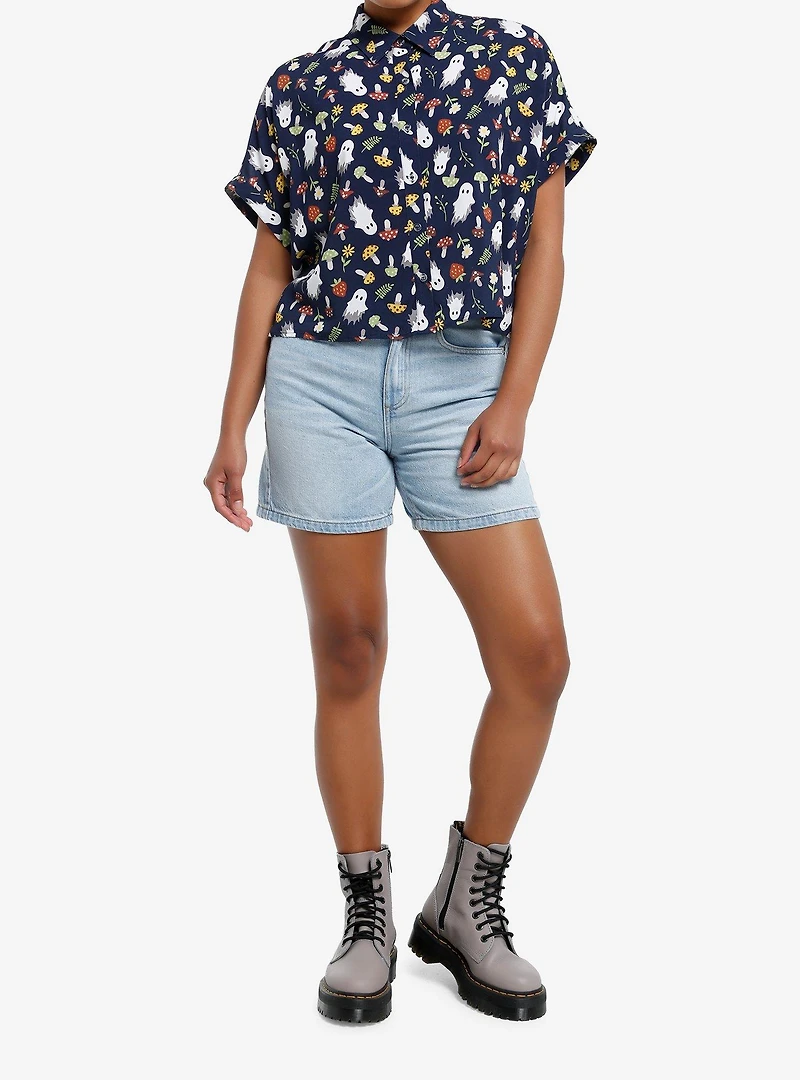 Thorn & Fable Mushroom Ghost Girls Boxy Woven Button-Up