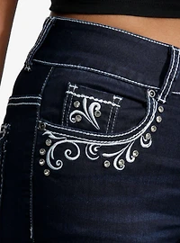 Dark Indigo Filigree Rhinestone Flare Denim Pants