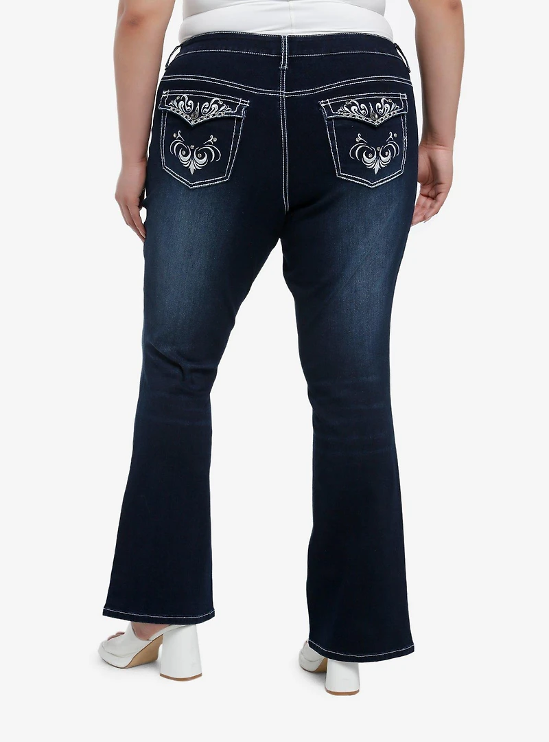 Dark Indigo Filigree Rhinestone Flare Denim Pants Plus Size