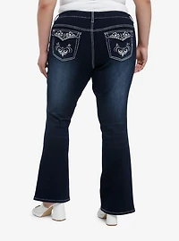 Dark Indigo Filigree Rhinestone Flare Denim Pants Plus Size