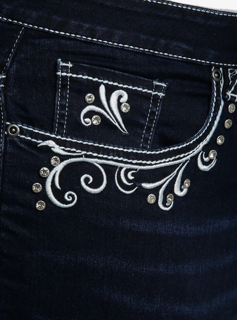 Dark Indigo Filigree Rhinestone Flare Denim Pants Plus Size