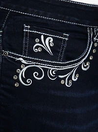 Dark Indigo Filigree Rhinestone Flare Denim Pants Plus Size