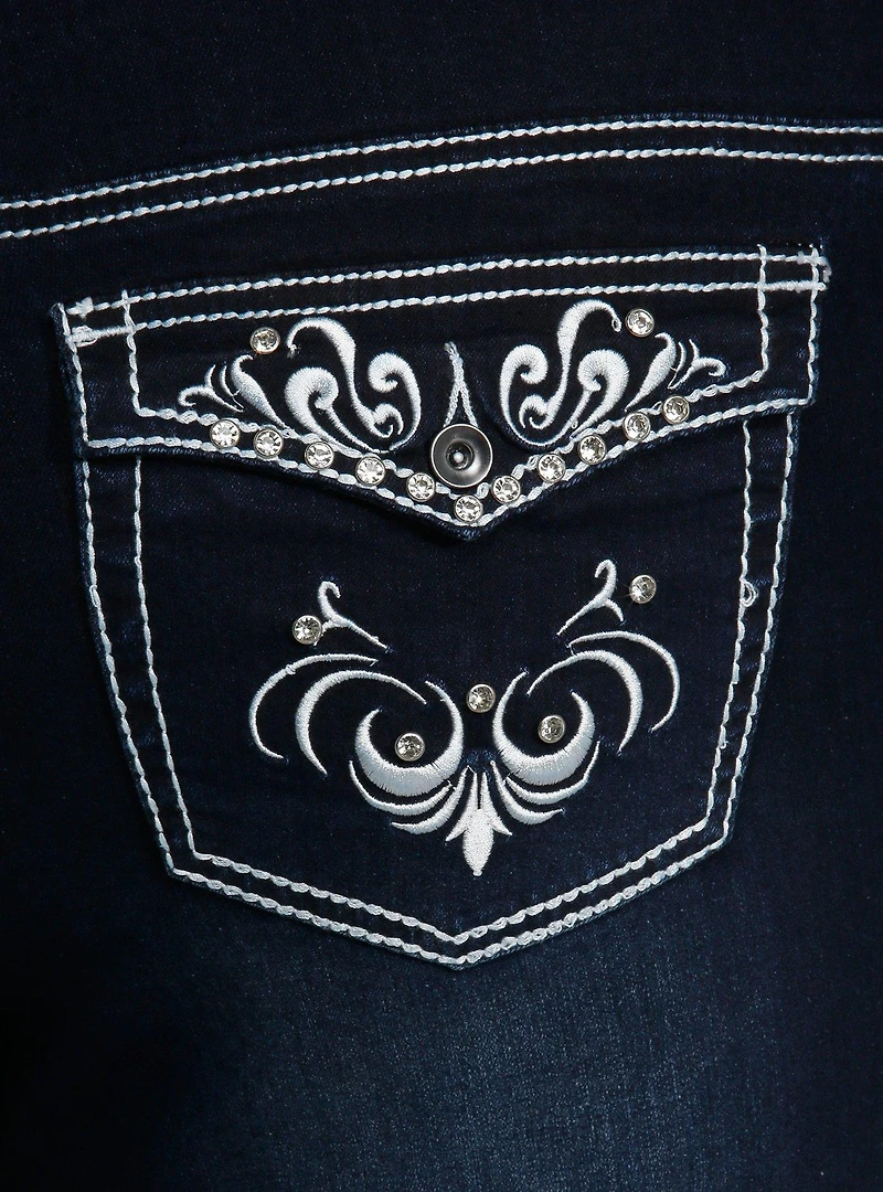 Dark Indigo Filigree Rhinestone Flare Denim Pants Plus Size