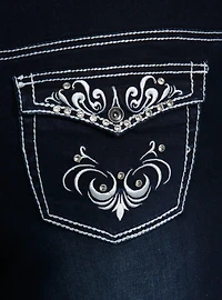 Dark Indigo Filigree Rhinestone Flare Denim Pants Plus Size