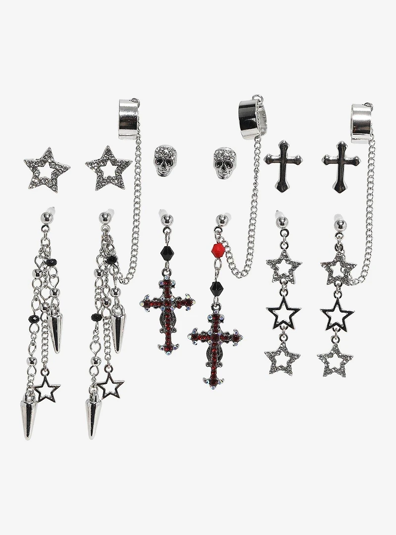 Social Collision Star Cross Skull Bling Cuff Earring Set