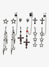 Social Collision Star Cross Skull Bling Cuff Earring Set