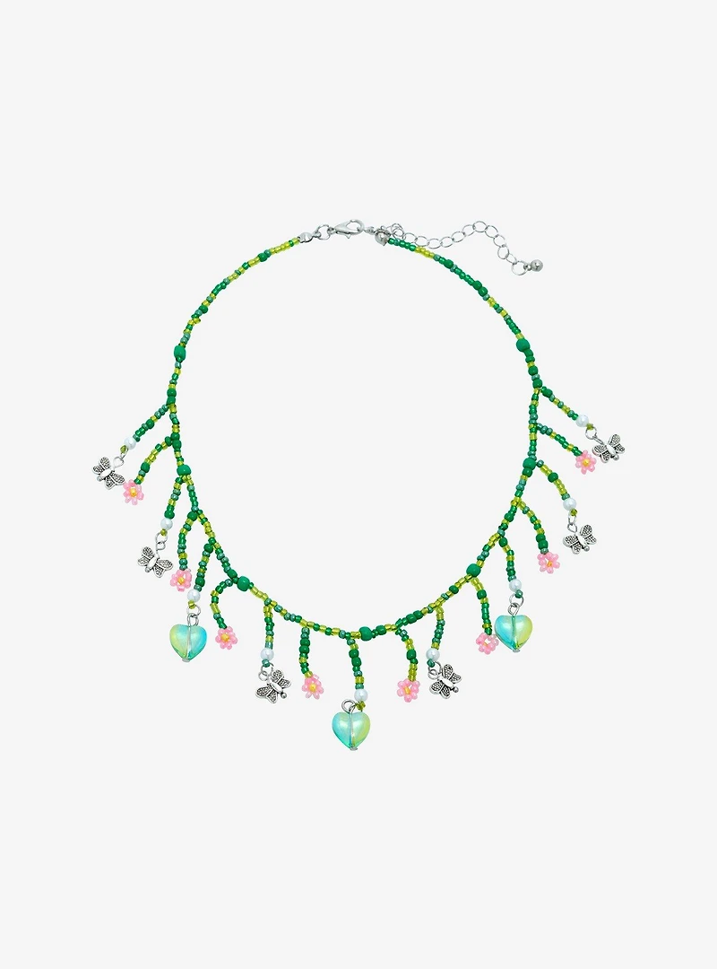 Thorn & Fable Butterfly Floral Heart Bead Necklace