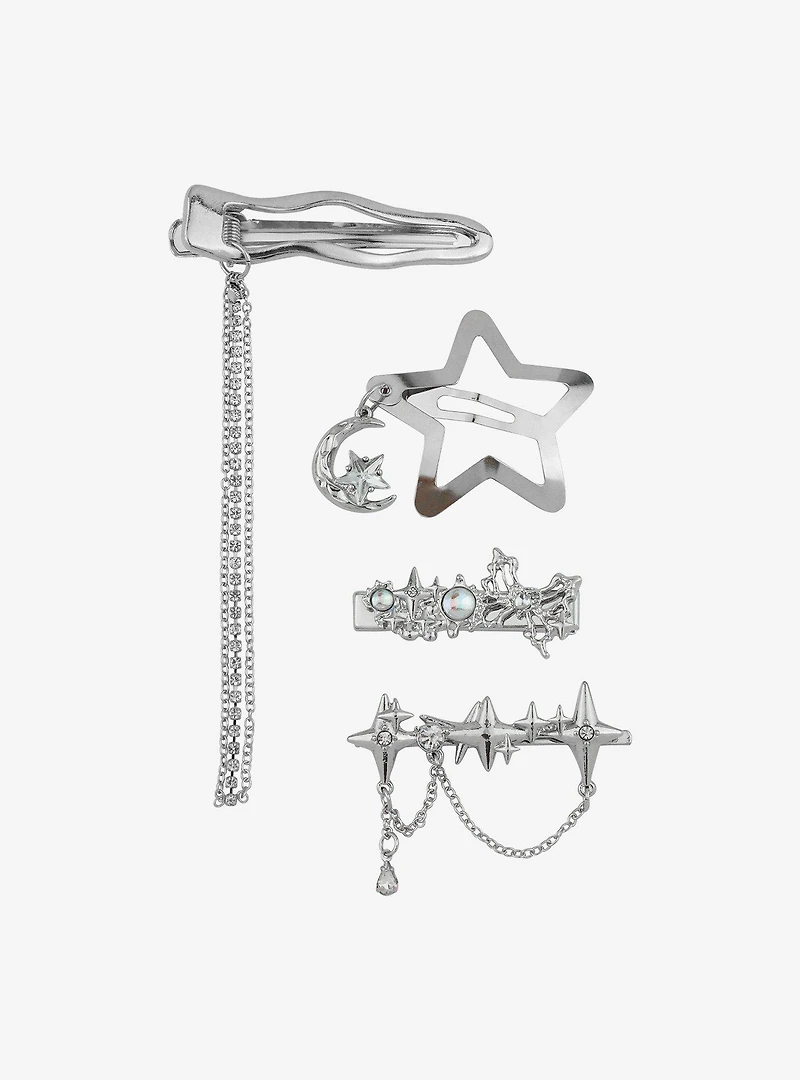 Silver Wavy Drippy Star Hair Clip Set